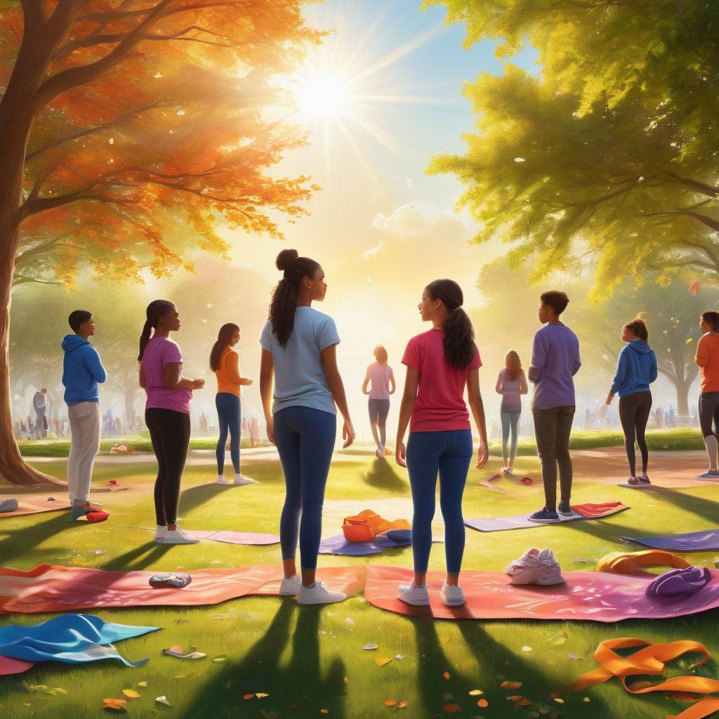 A vibrant scene depicting diverse teenagers engaging in various wellness activities, including mindfulness meditation, sports, and healthy cooking in a sunlit park. In the background, showcases symbols of prevention and survivorship, such as ribbons and supportive community groups. The atmosphere is uplifting, highlighting joy and resilience. super-realistic. vibrant colors. bright background.