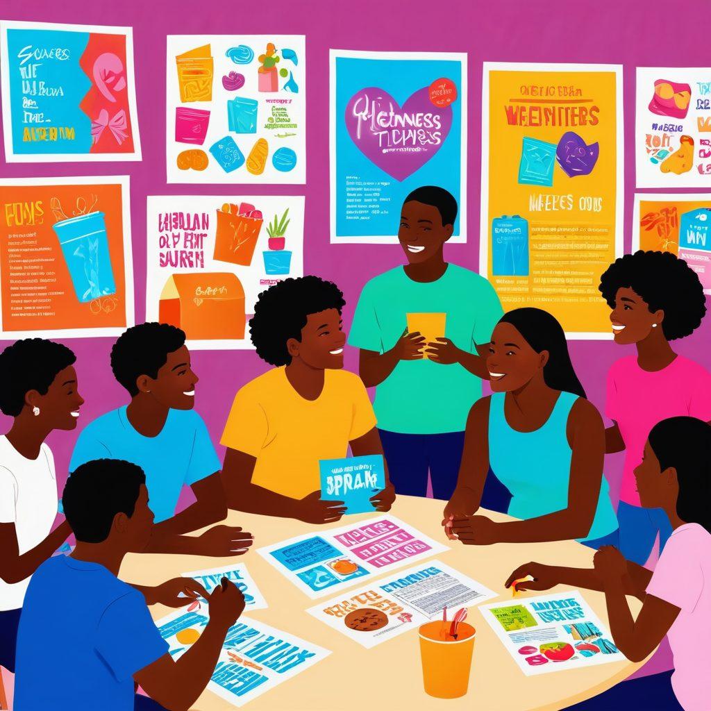 A group of diverse teens actively engaging in a community workshop about cancer awareness, surrounded by colorful informational posters, holding healthy snacks and discussing wellness tips. The scene incorporates upbeat energy, teamwork, and positivity, highlighting the importance of knowledge and support. Illustration style: vibrant colors, 3D, modern design.