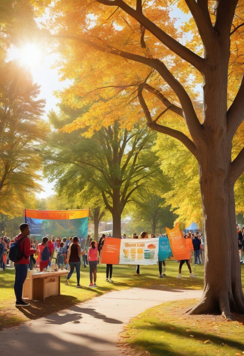 A vibrant, multi-generational community gathering in a park, with enthusiastic teens leading a health awareness workshop. Include interactive displays about nutrition, mental health, and fitness, with diverse people engaged in discussions. Bright banners with empowering messages and colorful healthy food options scattered around. Sunlight filtering through trees, creating a warm, inviting atmosphere. super-realistic. vibrant colors. 3D.